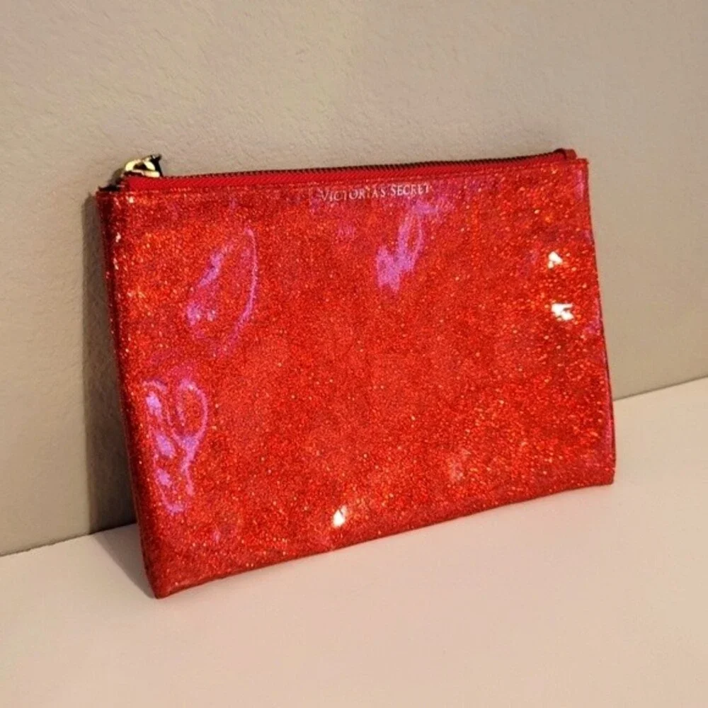 5/$25 Victoria’s Secret Firecracker Red Glitter Zip Cosmetic Pouch Bag